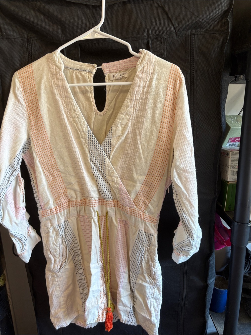 THML Cream Textured Wrap Romper with Pink and Gray Stripes